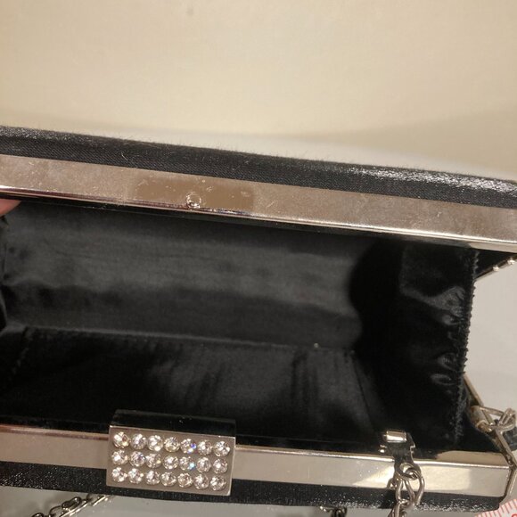 Black Satin Glitter Box Clutch Purse , Silver Diamante Crystal Clasp - Picture 9 of 12